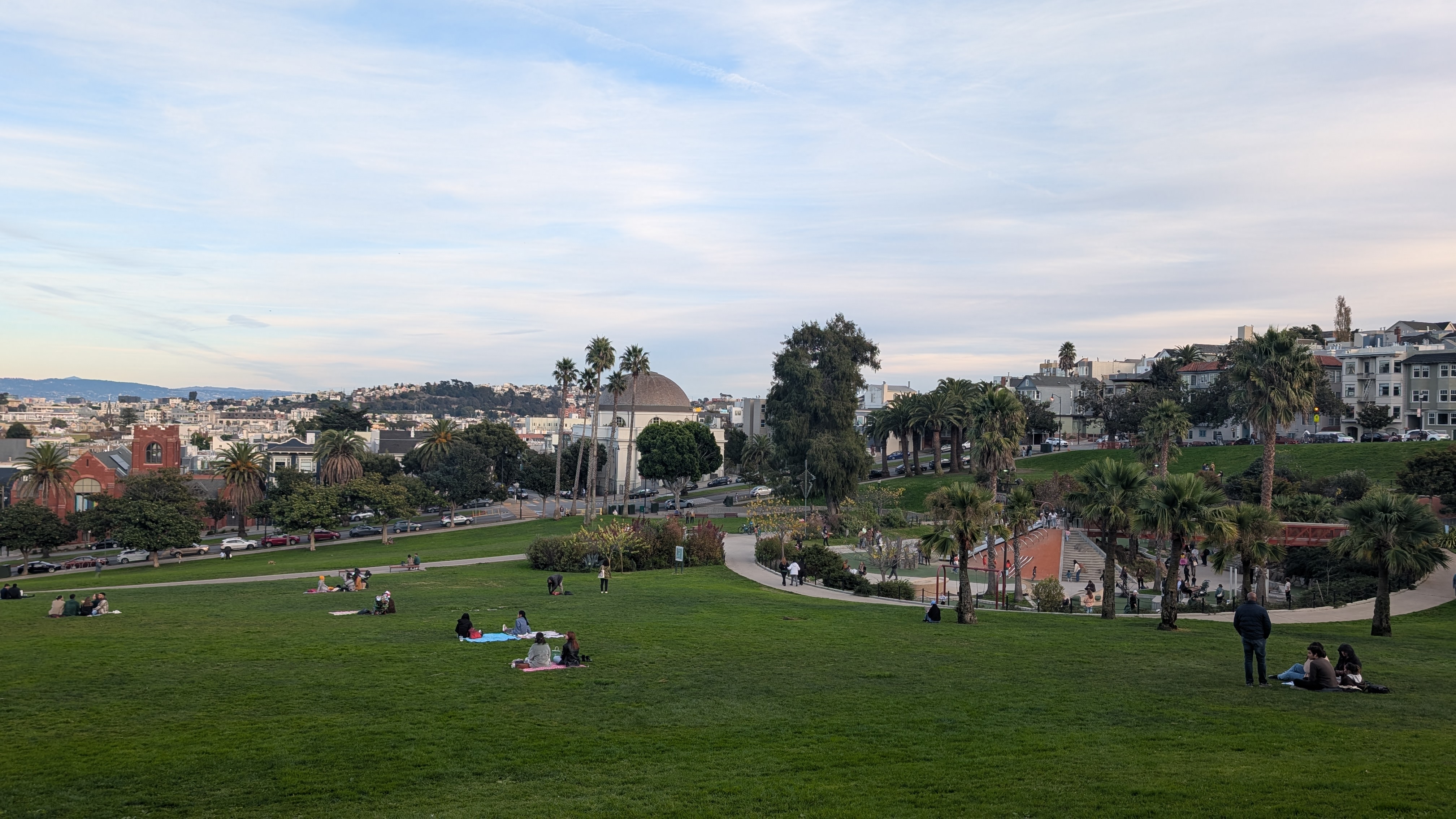 Mission Dolores Park lawn, palms and playground with the surrounding Mission neighborhood.